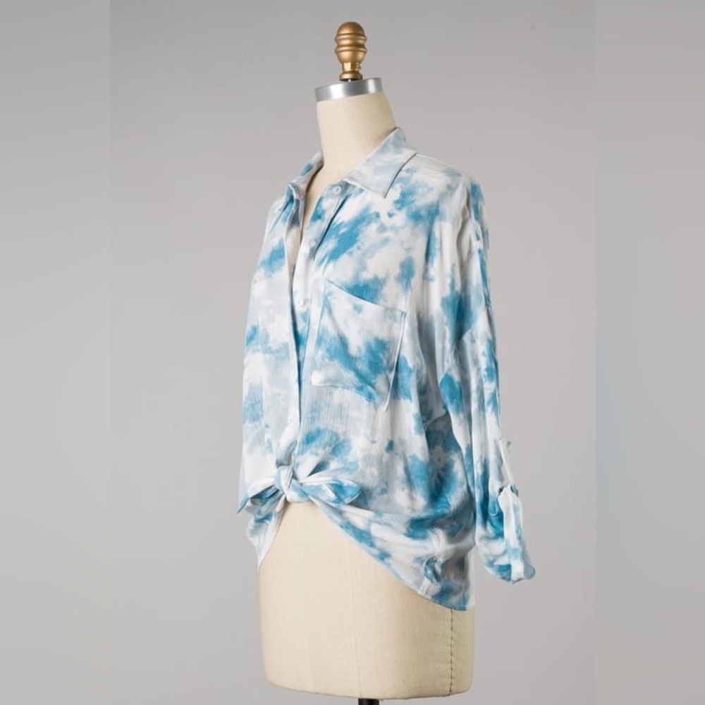 Blue tie-dye button down with tie front. Like new, only worn once.